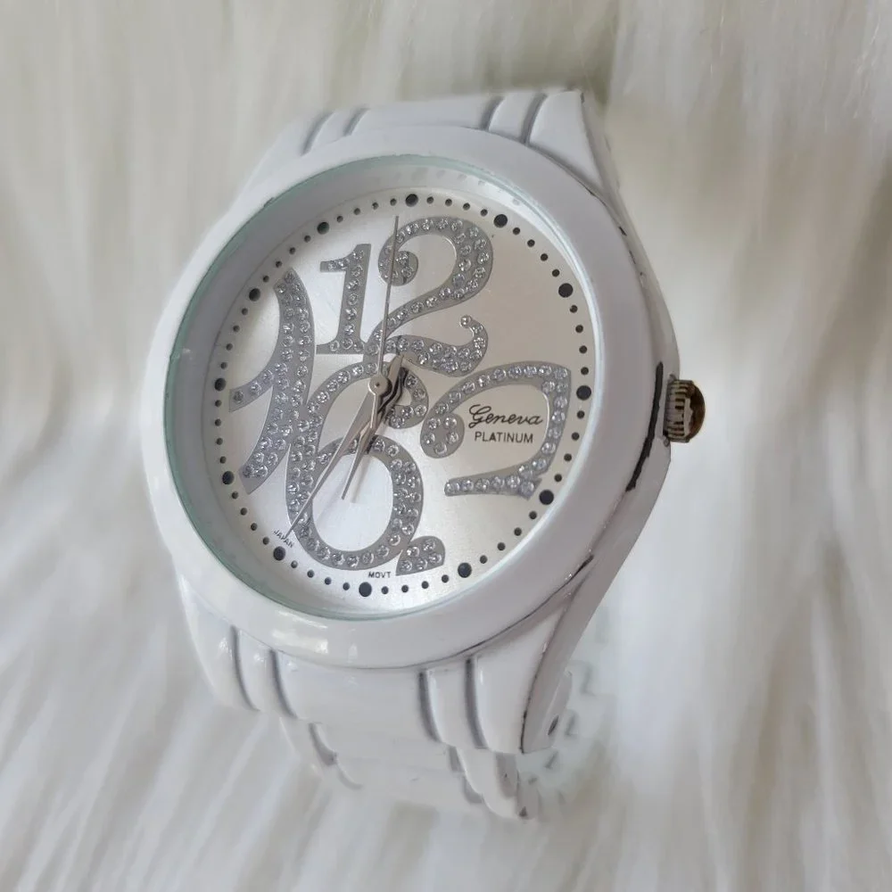 Geneva Platinum Brand White Cuff Bracelet Watch